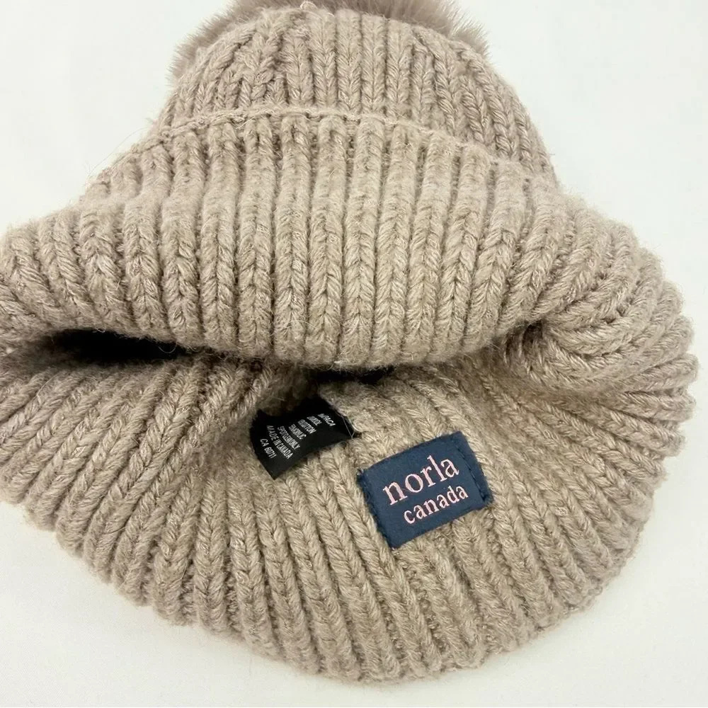 Norla Canada Taupe Alpaca Wool Fluffy Faux Fur Pompom Knit Beanie Hat